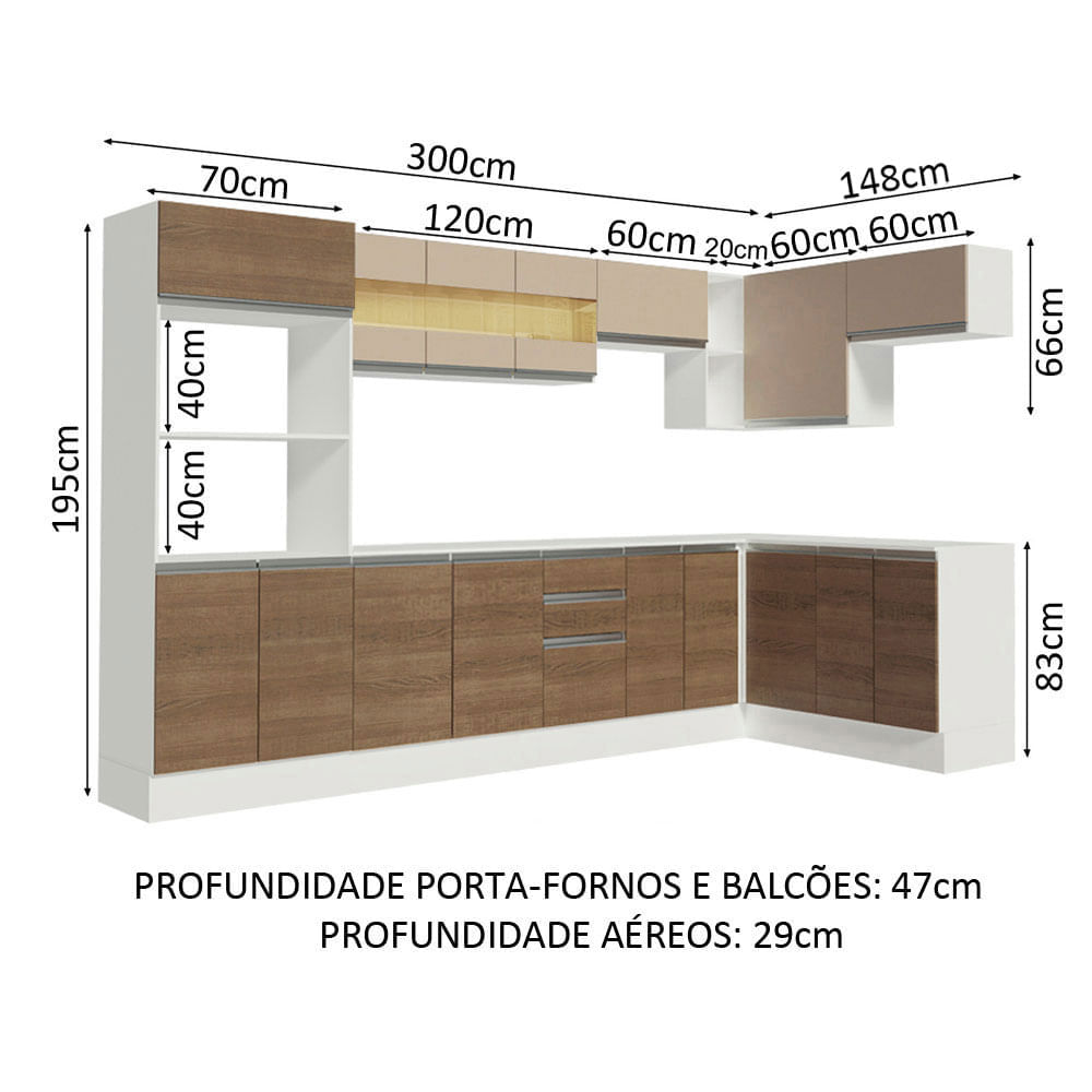 Armário de Cozinha Completa de Canto 100% MDF 448cm Branco/Rustic