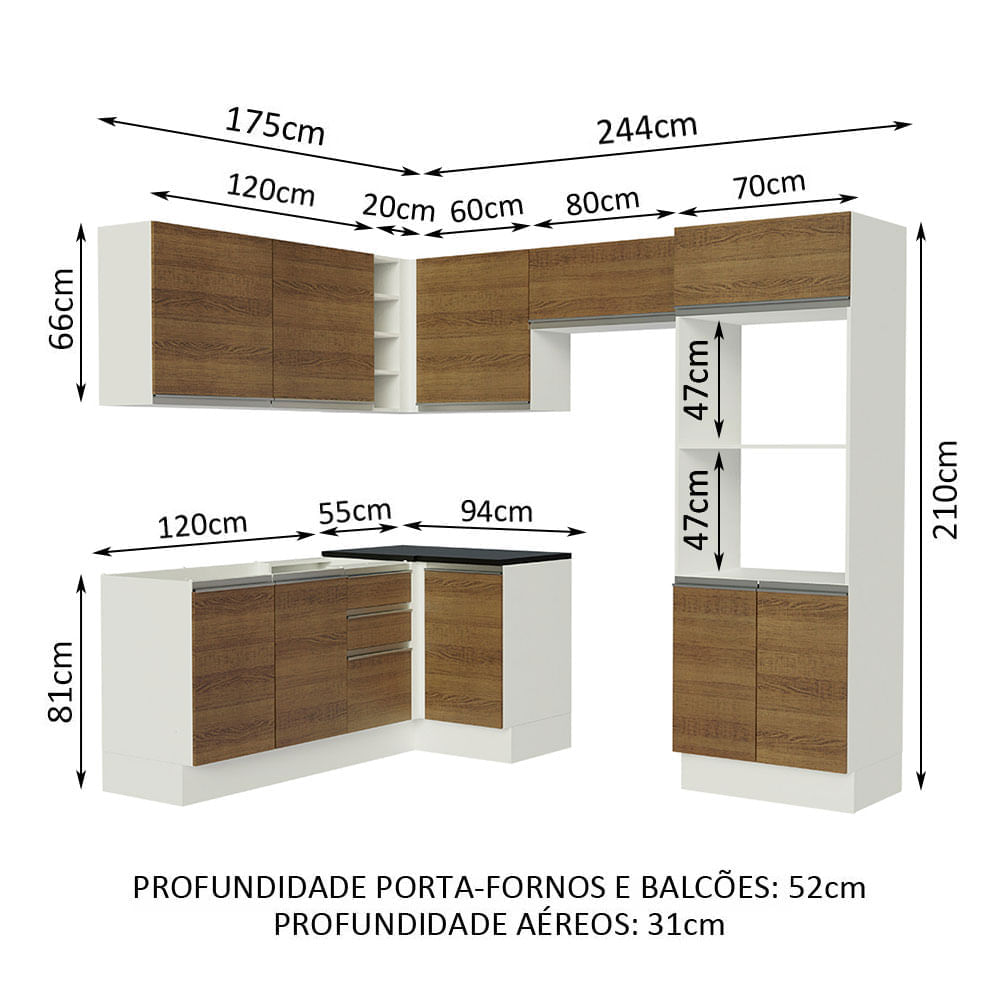 Cozinha Completa Madesa 100% MDF Acordes de Canto Portas Branco Brilho (Sem  Tampo e Pia)